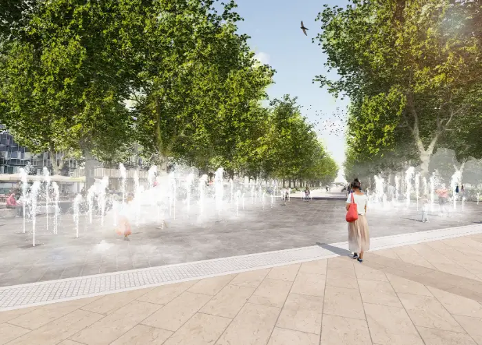 À Montpellier, une centaine de jets d’eau vont relier la Comédie à l’Esplanade 3 - Les indiscretions comédie esplanade montpellier portes d'eau ©Agence Ter
